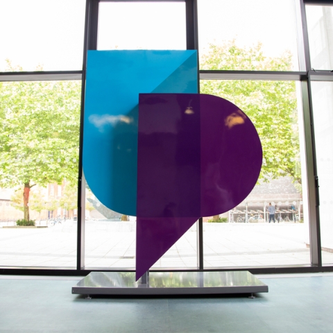 A sculpture of the University of Portsmouth logo