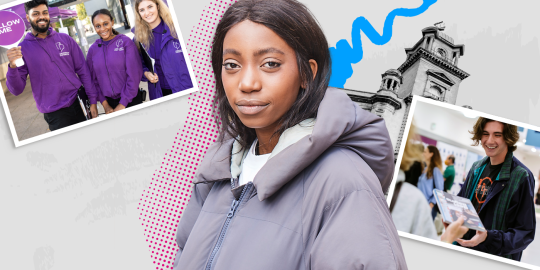 Student wearing a winter coat with postcard images of university open days