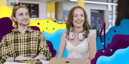 Sign up for Priority Clearing 2026, two students are sat with a laptop talking