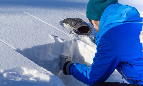 Male student outside carrying out field research with snow