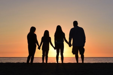 Silhouetted figures on beach at sunset