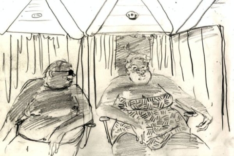 Illustration of an older couple sit outside beach-huts in Bournemouth