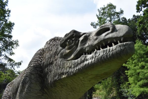 Close up image of Megalosaurus sculpture face
