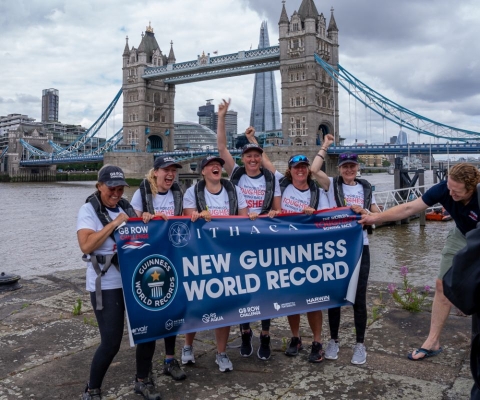 Six female ocean rowers celebrating setting a world record