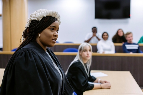 Barrister training in the Portsmouth Law School replica courtroom.