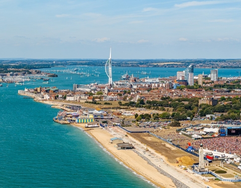 A drone image of Portsmouth, which shows the seafront and the Spinnaker Tower