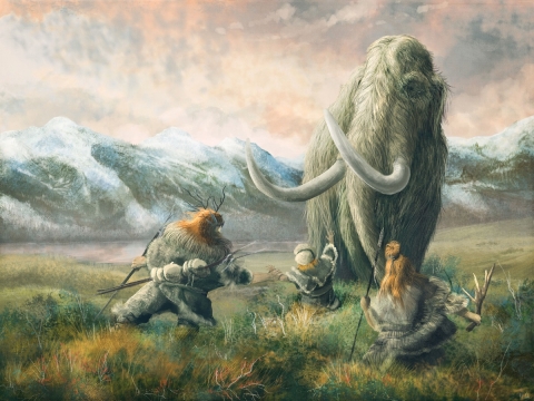 Illustration of woolly mammoth and hunters