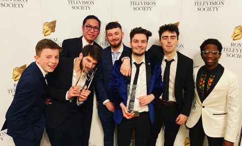students of Portsmouth University at Royal Television Society awards with their award