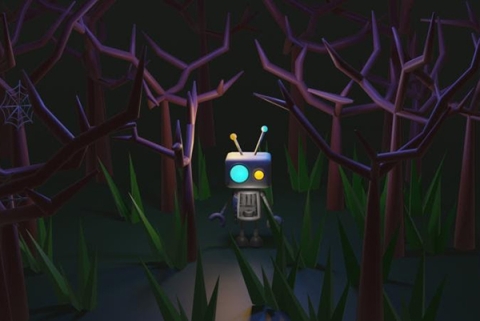 Animated robot standing in purple forest