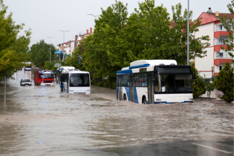 Two busses driving through a flooded road.