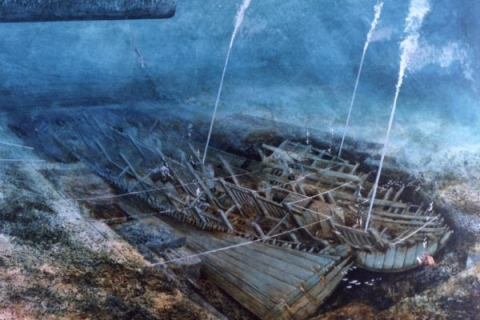 An artist’s impression of diving operations on the wreck of the Mary Rose