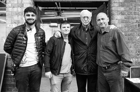 Students Jack Johal and Joey Nutkins with Ben Hodgson and Sir Michael Caine