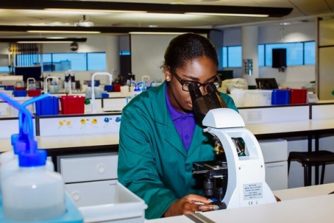 A female student in the lab looking through a microscope