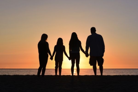 family holding hands while watching sunset on beach
