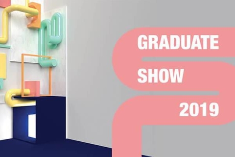 Graduate 2019 Show ident of multicoloured 3D pipes and geometric shapes, with a 2D pipe in the foreground reading the show name