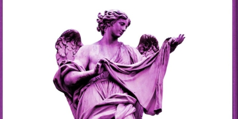 An image of a statue in purple on a white background