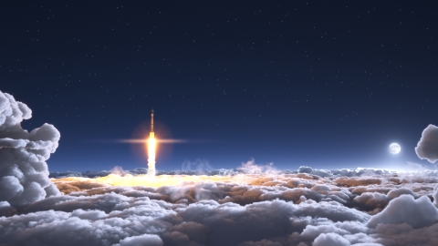 A rocket flies through the clouds
