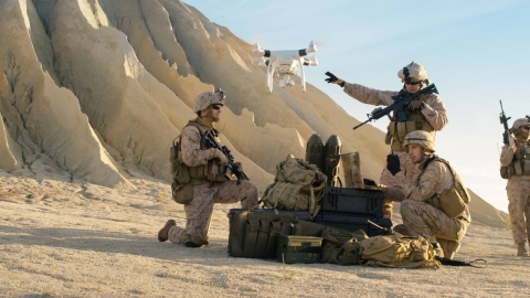 Soldiers using drone 