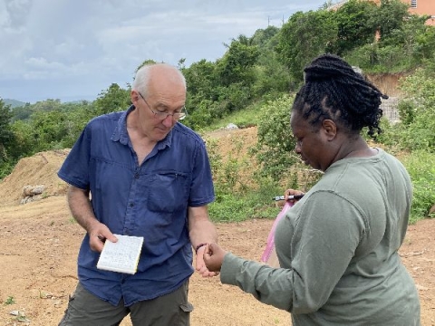 Soil Study lead researcher Professor Richard Teeuw and DDM Senior Technical Planning Manager Melanie Daway gather soil samples in Tortola. (Credit: DDM/Chrystall Kanyuck-Abel)