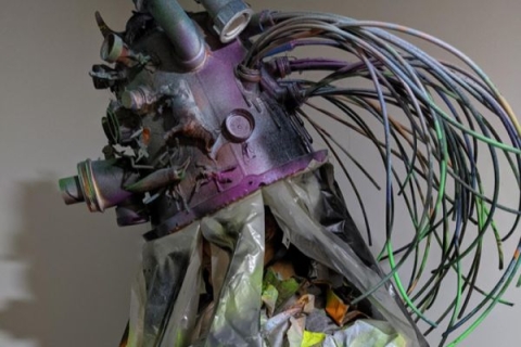 photo of a 'trash monster' made from plastic waste materials