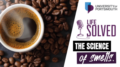 Life Solved logo for Science of Smells episode with coffee