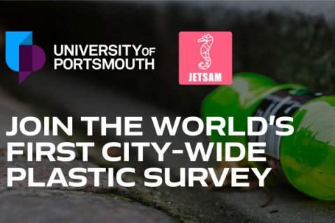 Discarded plastic bottle with overlaying text that says 'Join the world's first city-wide plastic survey'