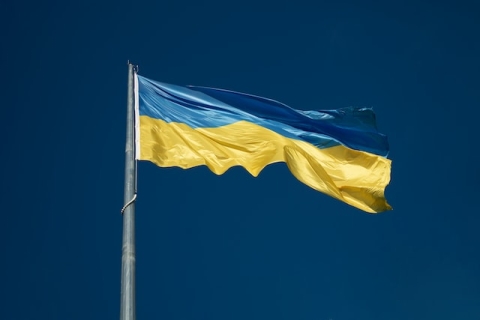 The Ukraine flag, which is blue and yellow