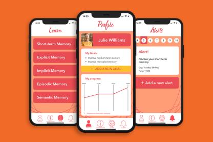 App design in pastel red and orange colours for an app called Memory Care