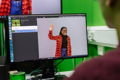 Student editing the footage recorded in the Green Screen Digital Studio in the Eldon Building