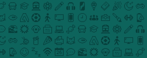 8-bit style graphic icons on a dark green background