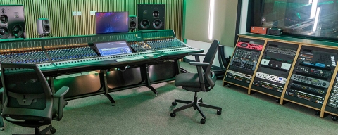 Music studio with lighting and mixing deck