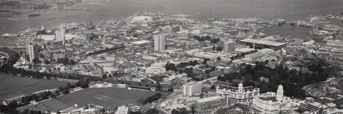 Black and white skyline image of Portsmouth in the 1970s