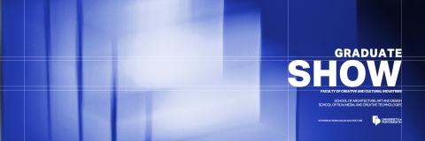 blue variant of graduate show poster showing details of the evening as well as a glowing set of stairs