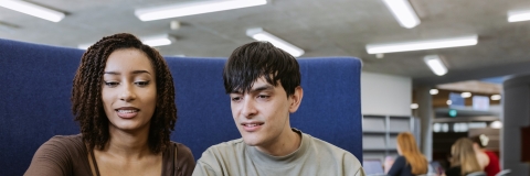 Two people looking at a laptop screen.