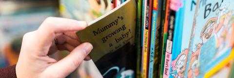 Teacher's hand extracting early years book from shelf