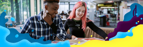Two students, one with pink hair studying together, it is Clearing 