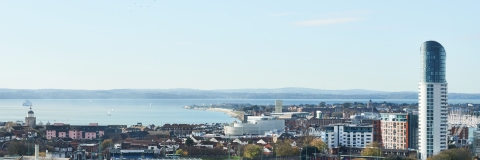 Portsmouth cityscape angled towards the sea