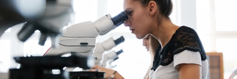 Female student using microscope