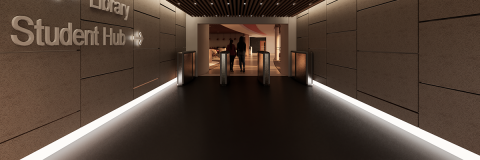 Architect's rendering of the Student Hub connecting to the Library 