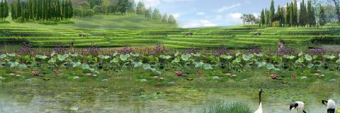 Landscape illustration of a field and pond by Shuk Chiu