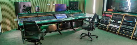 Music studio with lighting and mixing deck