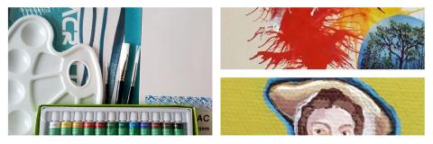 A collage showing acrylic paints, painting accessories and acrylic paint artwork