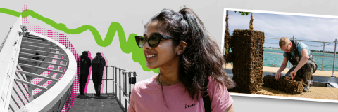 A student smiling in front of stylized Portsmouth landmarks.