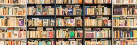 A bookshelf filled with books.