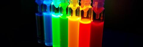 STANDARD LICENSE; PLEASE SEE ADDITIONAL ASSET FOR FULL LICENSE TERMS.

Glass tubes with quantum dots of perovskite nanocrystals, luminescing with all colors of the rainbow under ultraviolet radiation.