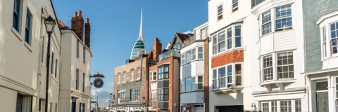 Old Portsmouth street with Spinnaker Tower in the background