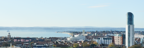 Portsmouth cityscape angled towards the sea