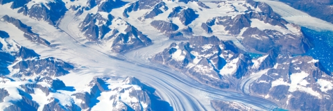 Aerial view of scenic Greenland Glaciers and icebergs