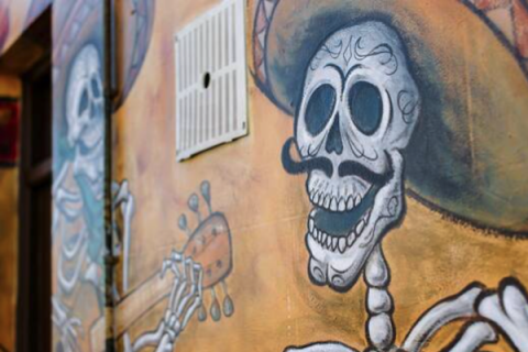 Street art of skeleton wearing a Sombreo