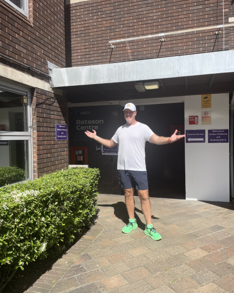 Niklas outside his old student digs, Bateson Halls